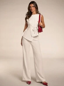 SHEIN BAE 女士夏季休闲纯色不对称下摆背心西装外套和裤子套装商务女装性感办公室女装两件套老款教师装秋季女装 - 杏色 - 查看 1