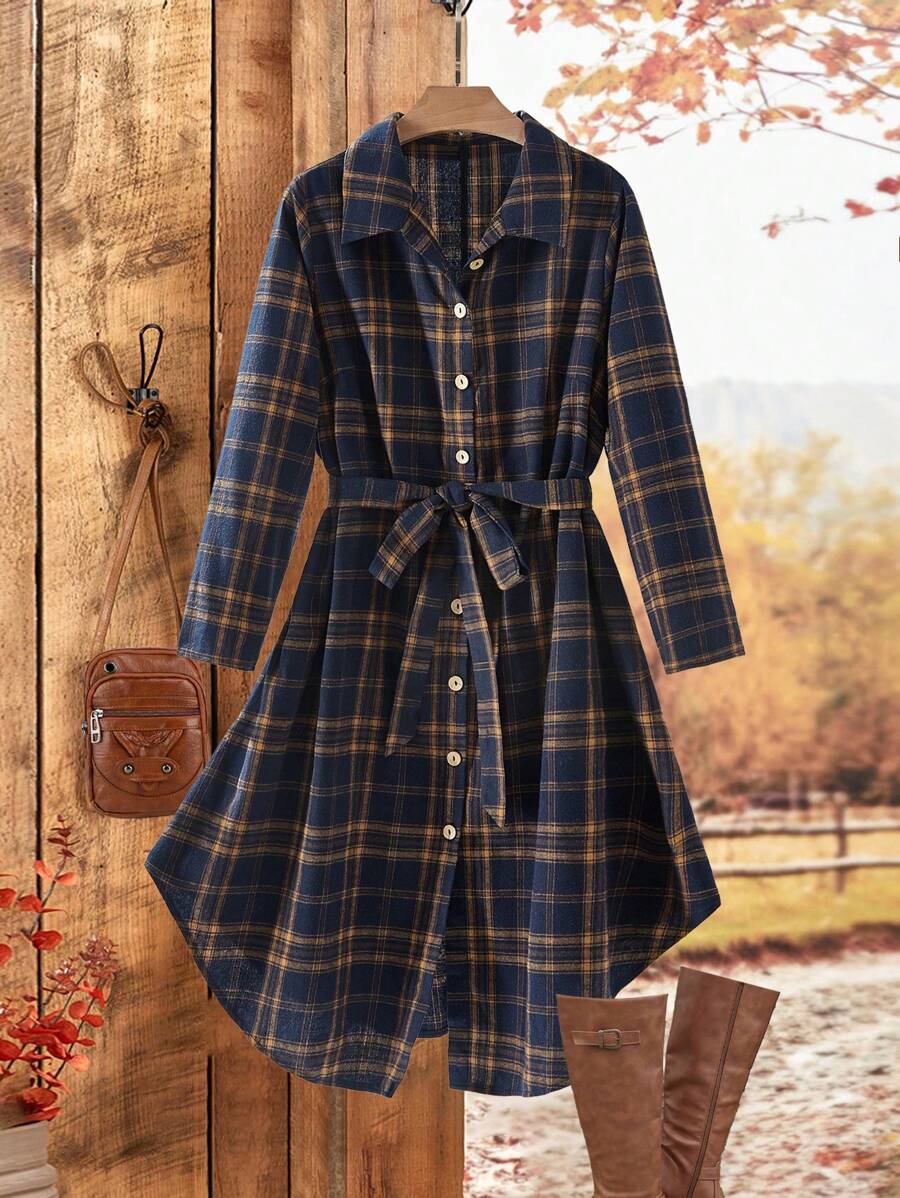 EMERY ROSE Plus Size Casual Plaid Front Button Down Shirt Dress, Winter Dresss