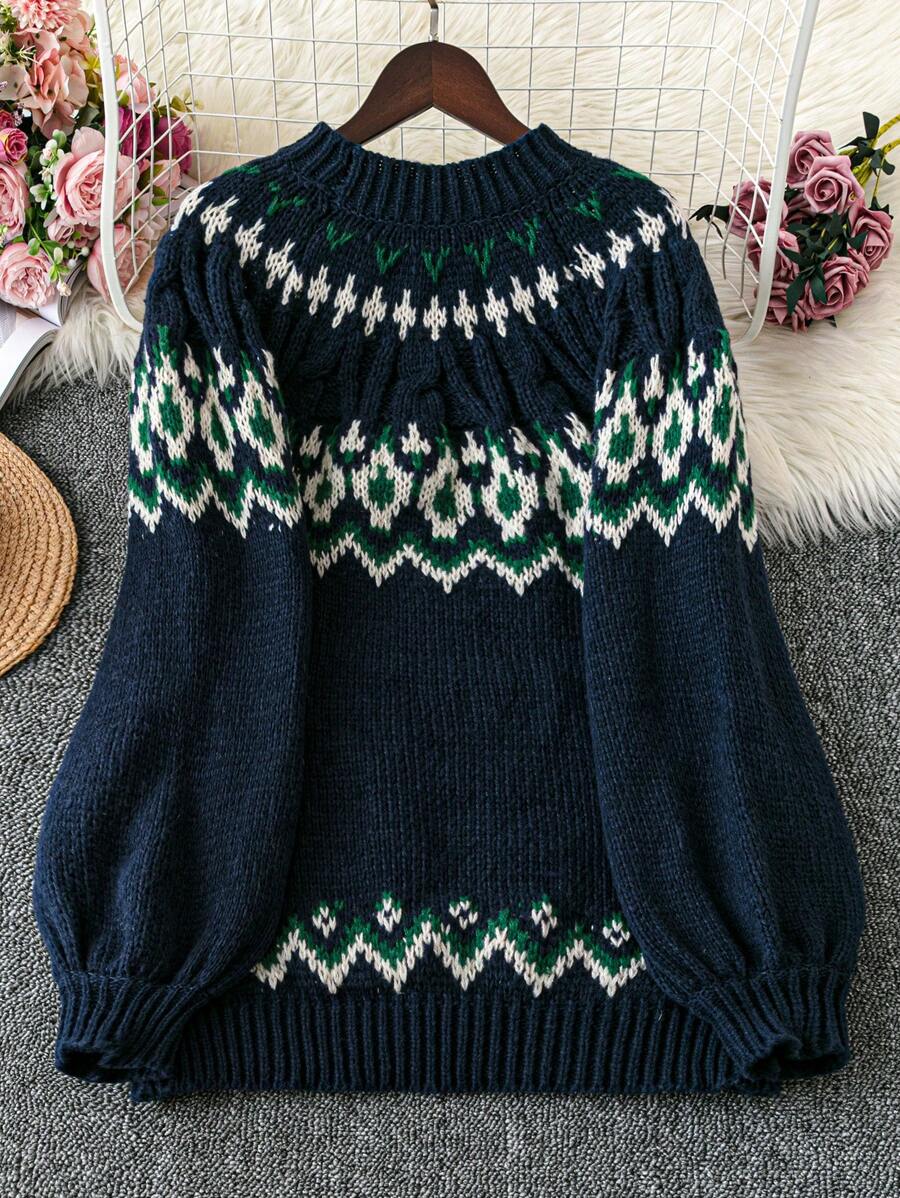 Mulvari Áo len tay đèn lồng cổ tròn họa tiết hình học thường ngày cho nữ, mùa thu/đông - Màu xanh hải quân - Xem 1