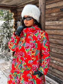 Flirla Áo khoác dài có mũ trùm đầu in họa tiết hoa thời trang dành cho kỳ nghỉ cỡ lớn, dùng cho quần áo năm mới, quần áo mùa đông - Đỏ - Xem 7