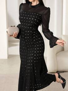 Modelyn Fitted Mermaid Hem Mesh Splice Long Sleeve Midi Dress For Women Maxi Women Outfit Long Evening Dresses