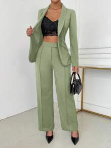 SHEIN SXY Conjunto de blazer y pantalón de mujer con solapa entallada y abotonadura sencilla, elegante para otoño/invierno - verde menta - Ver 4