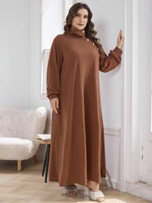 Al Najma Plus Size Women Asymmetric Neck Button Detail Long Sleeve Dress, Casual Modest Tee Maxi Dresses, For Casual Daily - Brown - View 5