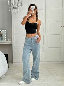 SHEIN EZwear 1 Stück Glitzer Patchwork Dekonst​ruiertes Top mit dünnen Trägern - Schwarz - Übersicht 6