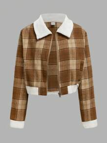 Teenage Girls Casual Plaid 3/4 Sleeve Sherpa Collar Metal Zipper Cardigan Jacket, Autumn Winter - Khaki - View 3