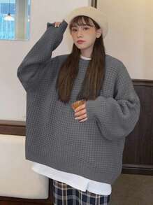 DAZY Áo len dệt kim cổ tròn tay loe màu trơn thường ngày cho nữ, quần áo mùa thu - Xám - Xem 4