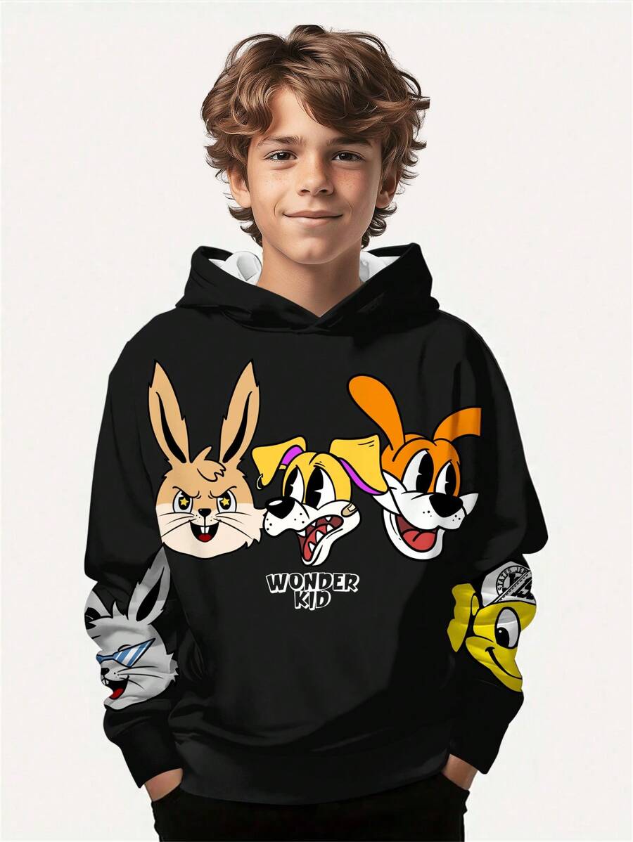 SHEIN Leap Crew Cool Rabbits Tween Boy Casual Minimalist Cartoon Rabbit Pattern Loose Fit Long Sleeve Sweatshirt, Suitable For Autumn/Winter - Multicolor - View 1