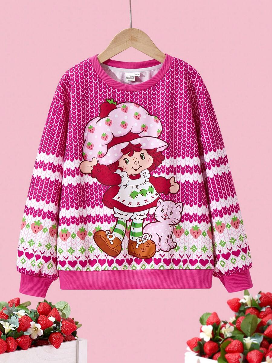 Strawberry Shortcake X SHEIN 青少年女孩可爱甜美休闲粉色卡通猫和草莓心形印花超大运动衫，适合秋冬季和圣诞节 - 粉色 - 查看 1