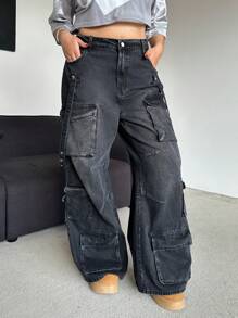 SHEIN EZwear Plus Size Casual Loose Fit Wide Leg Boyfriend Jeans - Black - View 5