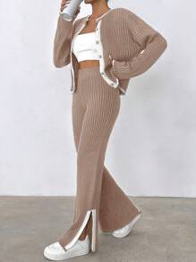 EURMUSE 2pcs Set: Contrast Trimmed Front Button Rib Knit Long Sleeve Top And Slit Leg Knit Pants - Mocha Brown - View 3