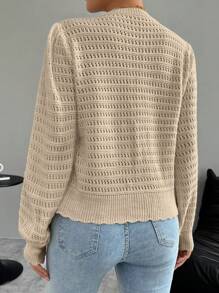 SHEIN Unity 女士纯色镂空针织灯笼袖前系带轻质开衫 - 杏色 - 查看 2