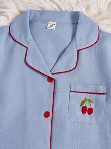 Tween Girl Pajamas - Comfortable Loose Strawberry Embroidered Long Sleeve Top And Pants Set, Coral Pink - Blue - View 4