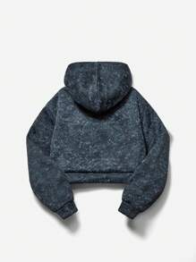 SHEIN Explorewe Vintage Hooded Cropped Zip-Up Sweatshirt For Tween Girls, Stylish And Cool Design - Grey - View 2