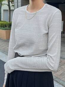 FRIFUL Women Crew Neck Long Sleeve Fitted Shiny Casual T-Shirt - White - View 4