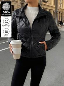 SHEIN EZwear Chaqueta casual con cremallera delantera, relleno de plumas y manga larga de unicolor para mujer - Negro - Ver 2
