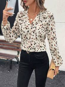 SHEIN Clasi Blusa elegante de manga larga con cuello en V y estampado total para mujer, blusas de manga larga - Albaricoque - Ver 6