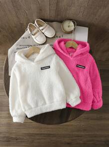 Kaufe 1, Erhalte 1 Gratis - 2 Stücke/Set komplett passend für Kleine Mädchen, einfarbiges Set mit Buchstaben-Applikation und flauschigem Teddy-Kapuzenpullover, aus Strick und Fleece, locker und lässig, für Herbst und Winter, Preppy-Stil, Schulanfang (Rosa, Beige)