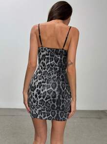 Aloruh 全新亮片豹纹性感夜店迷你紧身连衣裙，撞色设计 - 灰色 - 查看 2