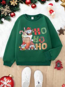 Tween Girl 1pc Oversized Cozy Thermal Lined Sweatshirt, Green With Colorful Christmas Graphic, Relaxed Fit For Everyday, Party, Indoor/Outdoor Wear, Perfect For Autumn/Winter