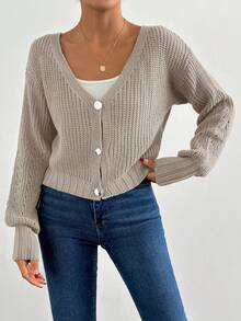 RueChic 休闲纯色灯笼袖开衫，秋季 - 米色 - 查看 5