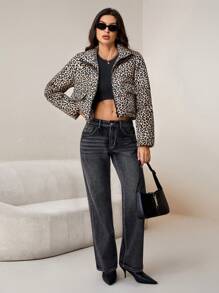 SHEIN Tall Women's Leopard Print Cropped Down& Feathers Jacket - Brown - View 5