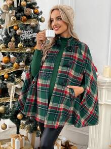 SHEIN Plaid Pattern Collar Maternity Long Sleeve Jacket & Windbreaker With Horn Buttons, Poncho For Winter - Green - View 7