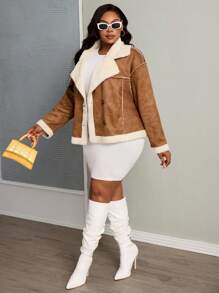 Slaydiva Plus Size Casual Double-Breasted Fluffy Jacket, Autumn/Winter - Coffee Brown - View 4