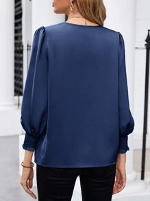 SHEIN LUNE 女士休闲 V 领灯笼袖纯色衬衫 - 藏蓝色 - 查看 2