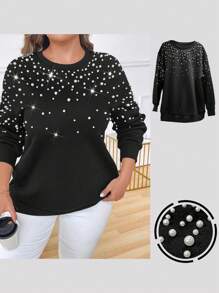 Calvaya Sudadera con cuello redondo de talla grande con decoración de perlas hecha a mano