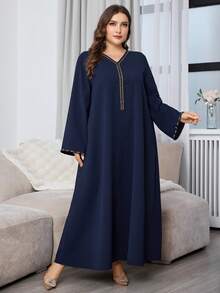 Al Najma Váy Ả Rập tay dài trơn cỡ lớn có viền ren, Thu/Đông, Váy dài giản dị, cho tiệc tối/thường ngày - Màu xanh hải quân - Xem 4