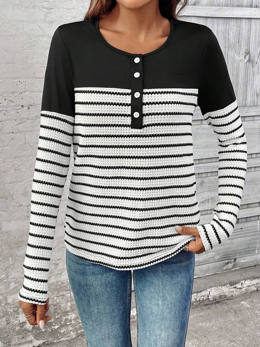 SHEIN LUNE Women's Black And White Striped Patchwork Long Sleeve Textured T-Shirt, Spring/Fall - Black and White - View 1