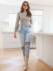 SHEIN LUNE Women's Casual Camel Color Ribbed Drop Shoulder Long Sleeve T-Shirt - Camel - View 4