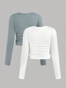 SHEIN 2pcs/Set Teen Girl Solid Color Crewneck Ruched Casual Long Sleeve T-Shirt - White - View 2