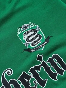 HARRY POTTER X SHEIN 大码女式休闲蛇纹与字母印花撞色条纹边饰宽松短袖 T 恤，夏季