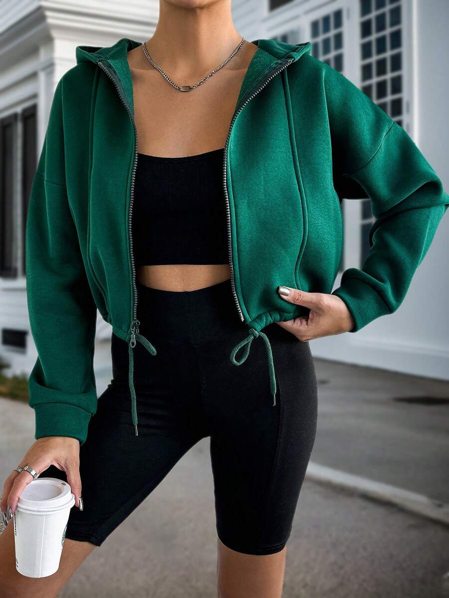 SHEIN Cottnline Drop Shoulder Drawstring Hem Zip Up Hoodie