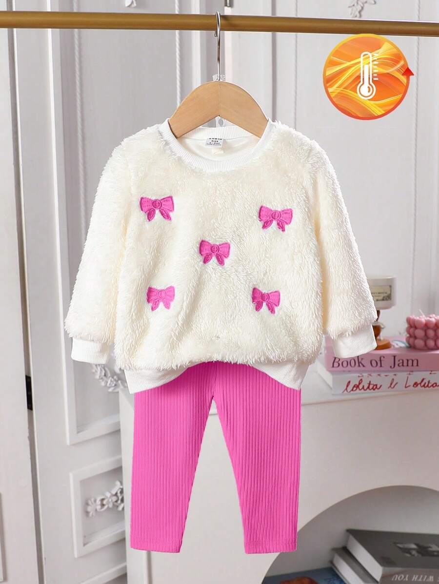 女婴秋冬刺绣蝴蝶结羊毛套头衫和纹理打底裤 2 件套时尚服装