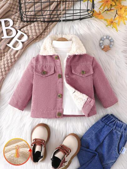 SHEIN 寶寶女孩翻蓋細節保暖絨面外套