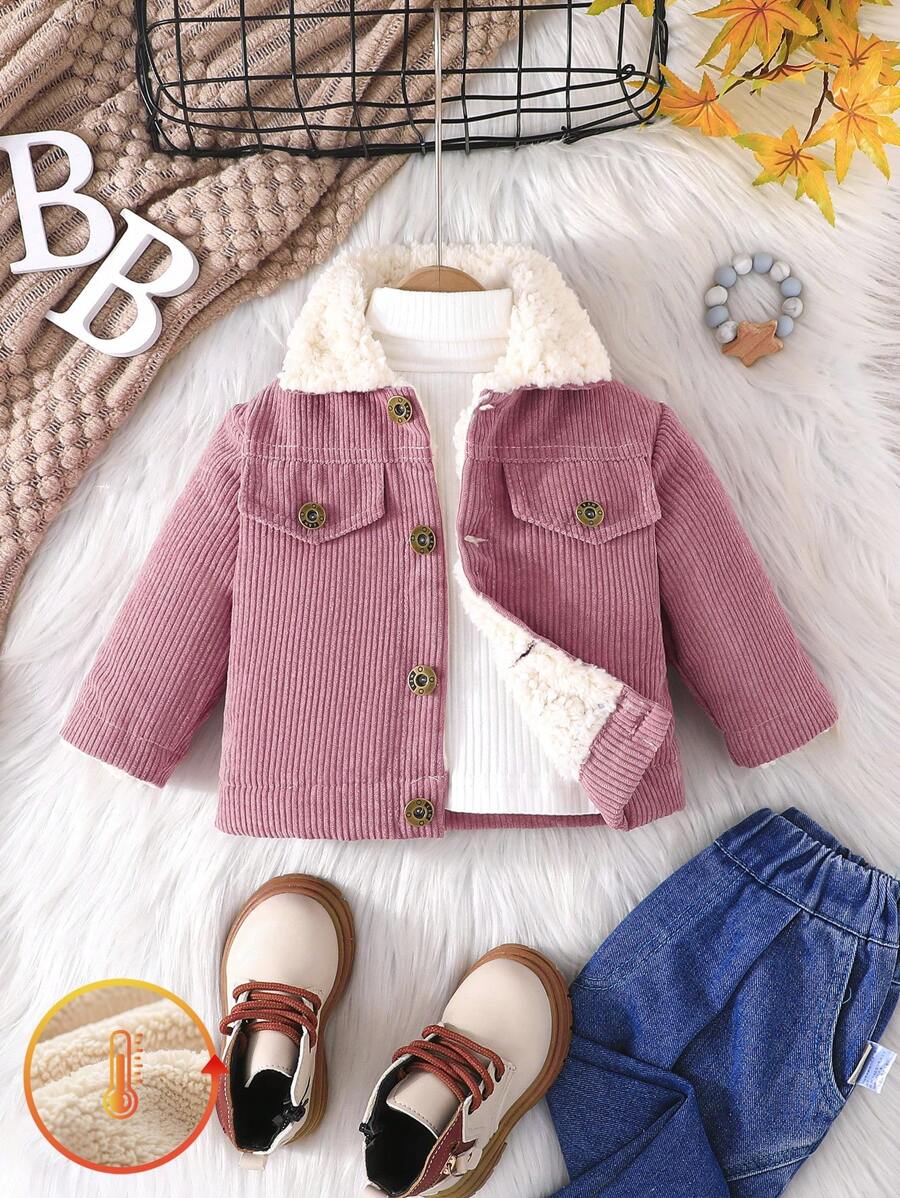 SHEIN 寶寶女孩翻蓋細節保暖絨面外套 - 藕粉色 - 查看 1