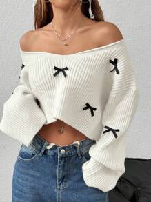 Flirla 1pc Women Loose V-Neck Casual 3D Bow Knit Sweater,Three Quarter Sleeve Tops