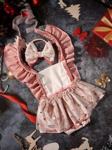 SHEIN Newborn Baby Girls Photography Prop - Polka Dot Mesh Romper With Headband, Baby 1 Month Photoshoot Outfit