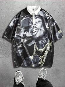 Manfinity VCAY Men's Digital Print Loose Knit Polo Shirt - Black and White - View 1