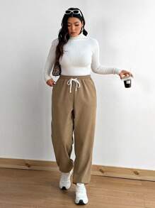 Flirla 大码女士保暖内衬长裤，秋冬休闲慢跑裤，带口袋 - 卡其色 - 查看 3