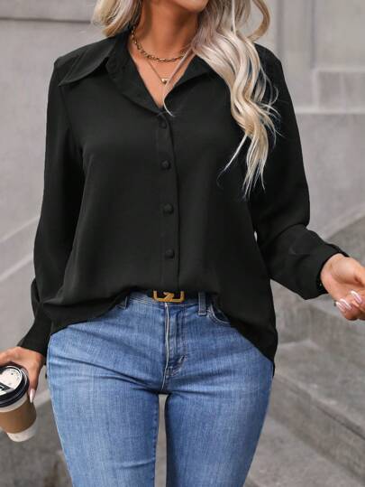 Vionelle Plus Size Women's Solid Color Simple Everyday Button-Down Long Sleeve Black Shirt Fall Cloth For Women