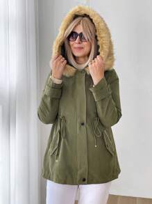 SHEIN LUNE Women Casual Cinched Waist Zip Up Contrast Fuzzy Trim Hooded Coat, Winter Clothes