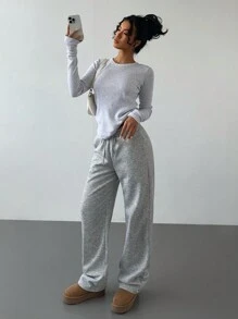 SHEIN BASICS Pantaloni della tuta in maglia in colore unito con vita alta, allentati, con coulisse e fodera termica, per donna - Grigio Chiaro - Visualizzare 6