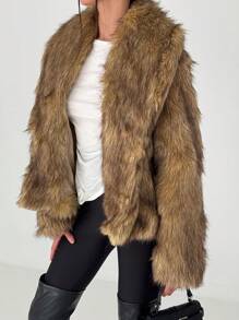 Aloruh Brown Fluffy Short Jacket Warm Coat For Young Women, Y2K Style