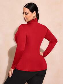 SHEIN SXY Plus Size Solid Color Slim Fit High-Necked Long Sleeve All-Match T-Shirt Basic Tees - Red - View 6