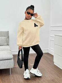 SHEIN Leap Crew Tween Girls Loose Casual Letter Patch Dropped Shoulder Round Neck Hoodie And Slim Fit Pants Set - Apricot - View 4