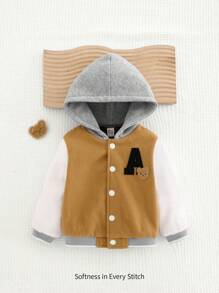 Cozy Pixies Baby Boy Casual Versatile Letter Print Contrast Color Hooded Baseball Jacket, Fall Clothes - Khaki - View 3