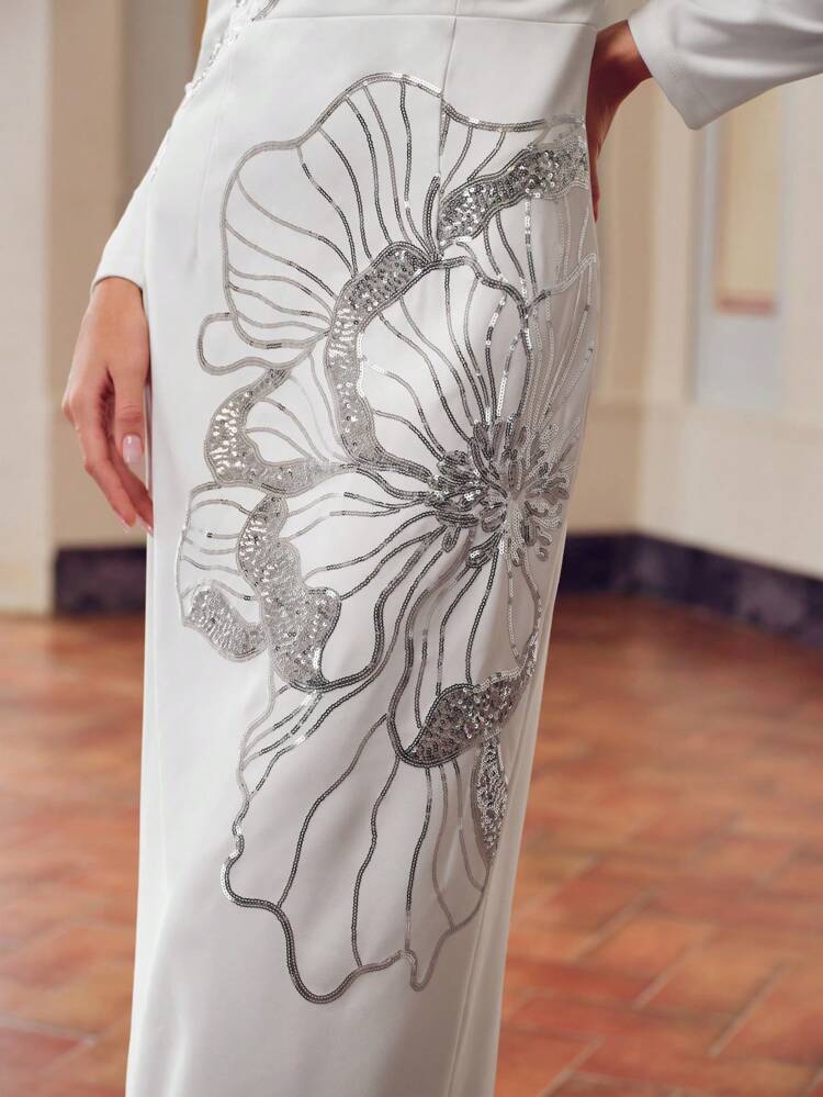 ZEYLAH SEQUIN FLORAL PATTERN SLIM FIT LONG DRESS WITHOUT BELT